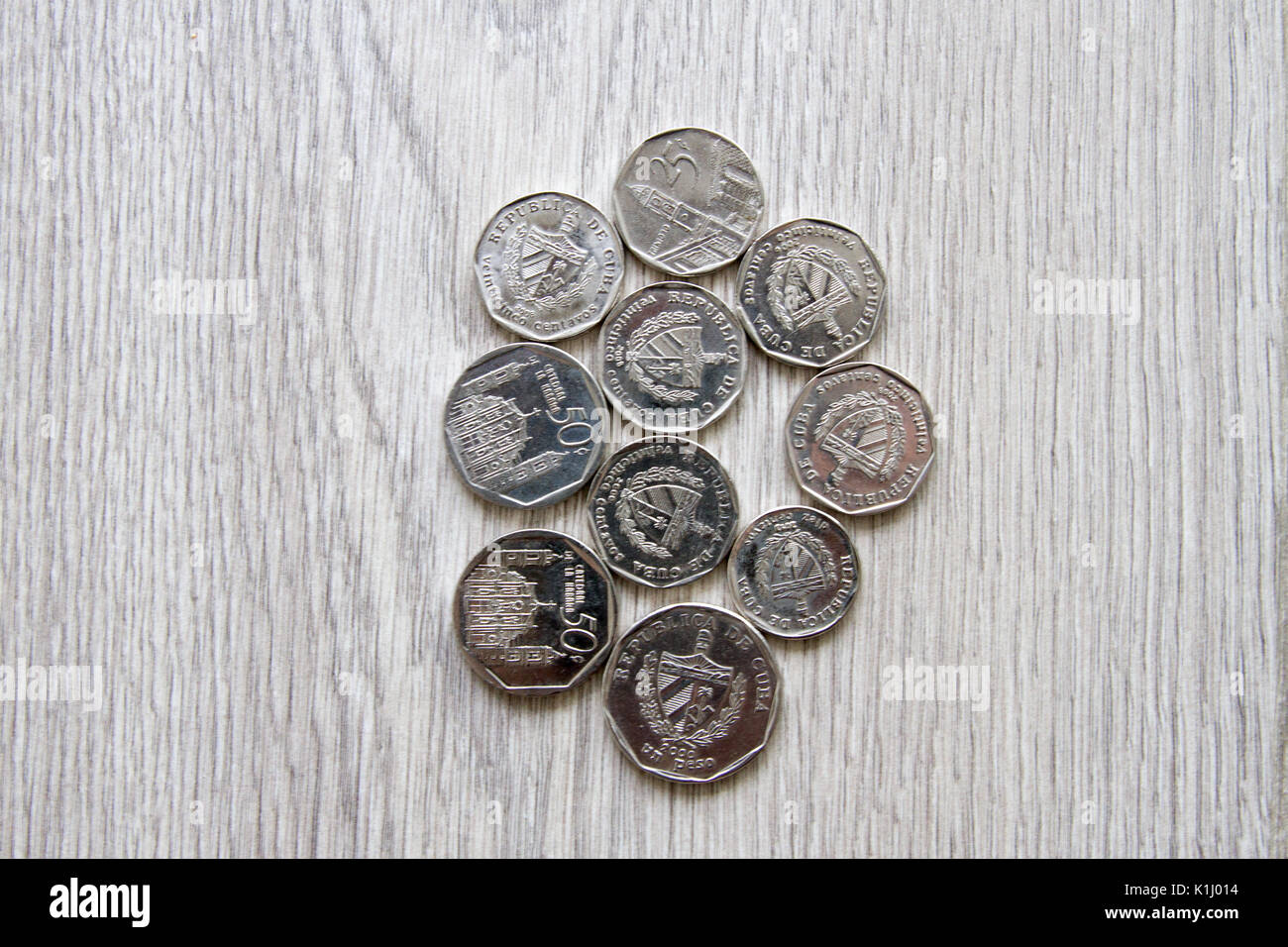 Symbols and numbers on the back of the cuban coins on rustic wooden ...