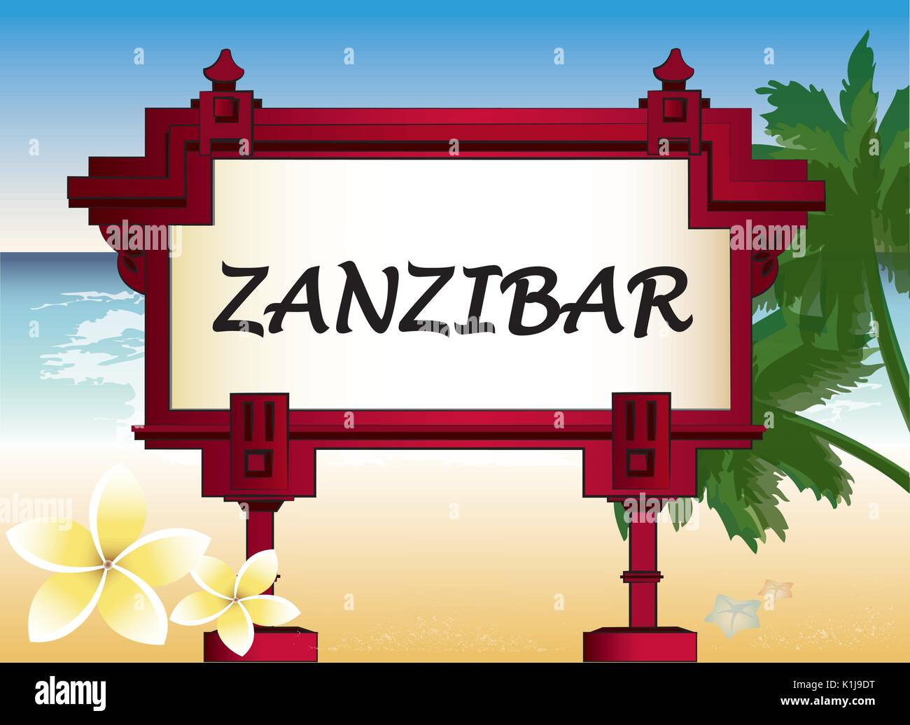 architectural element with an inscription of Zanzibar and the background of palm trees and the sea Stock Vector