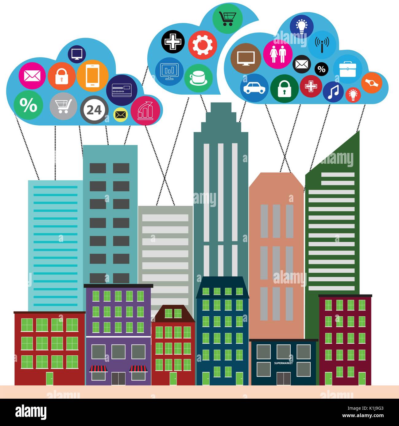 View of the city in style flat with cloud app icons , vector ...