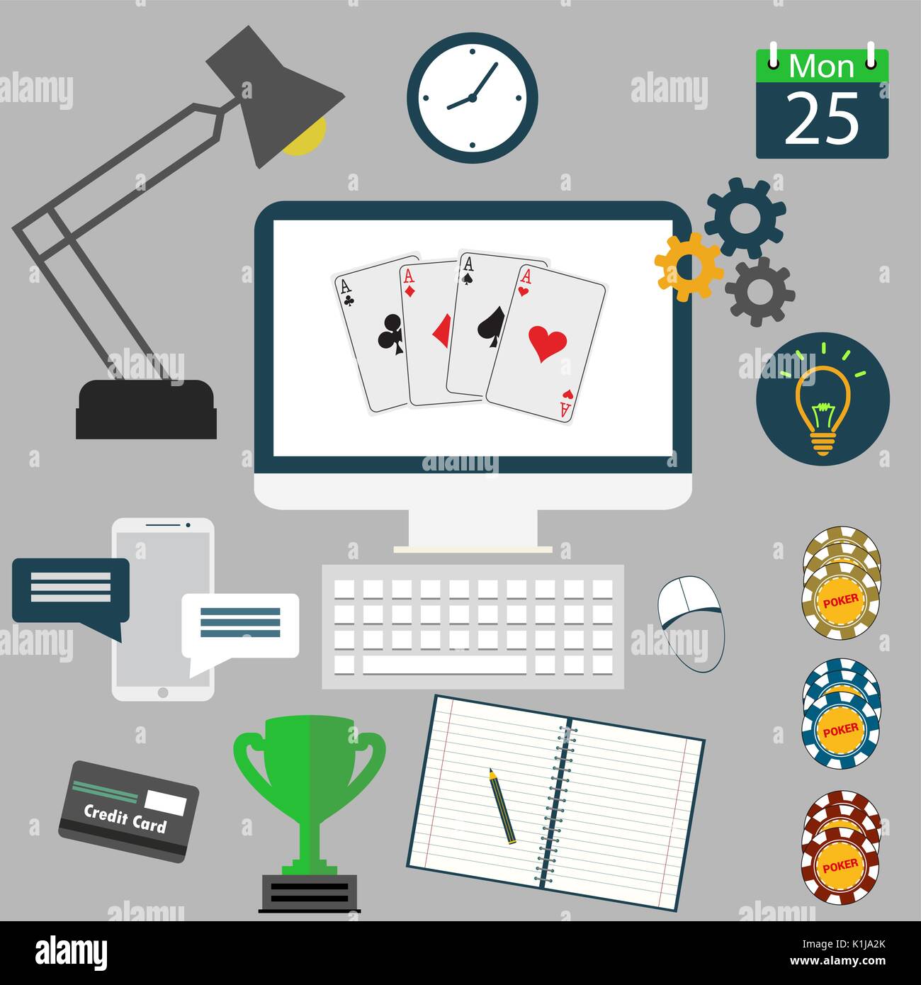 Flat office design with different objects,vector Stock Vector