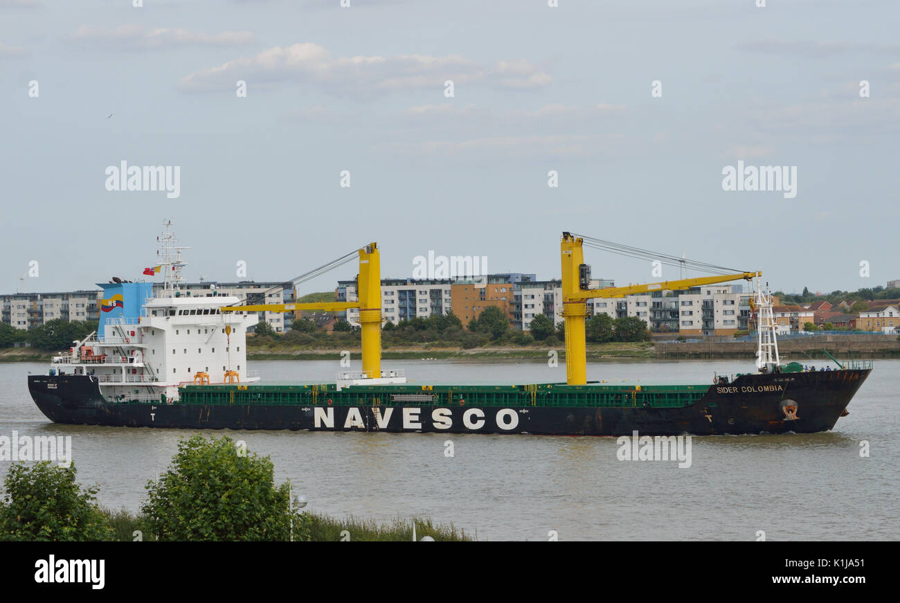 London, UK, 14th August 2017  Bulk Carrier cargo ship Sider Colombia arrives on the Thames, London with cargo of sugar cane for Tate & Lyle sugar Stock Photo