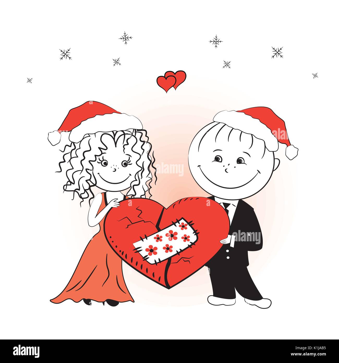 A loving couple holding a red heart with a patch, vector illustration ...