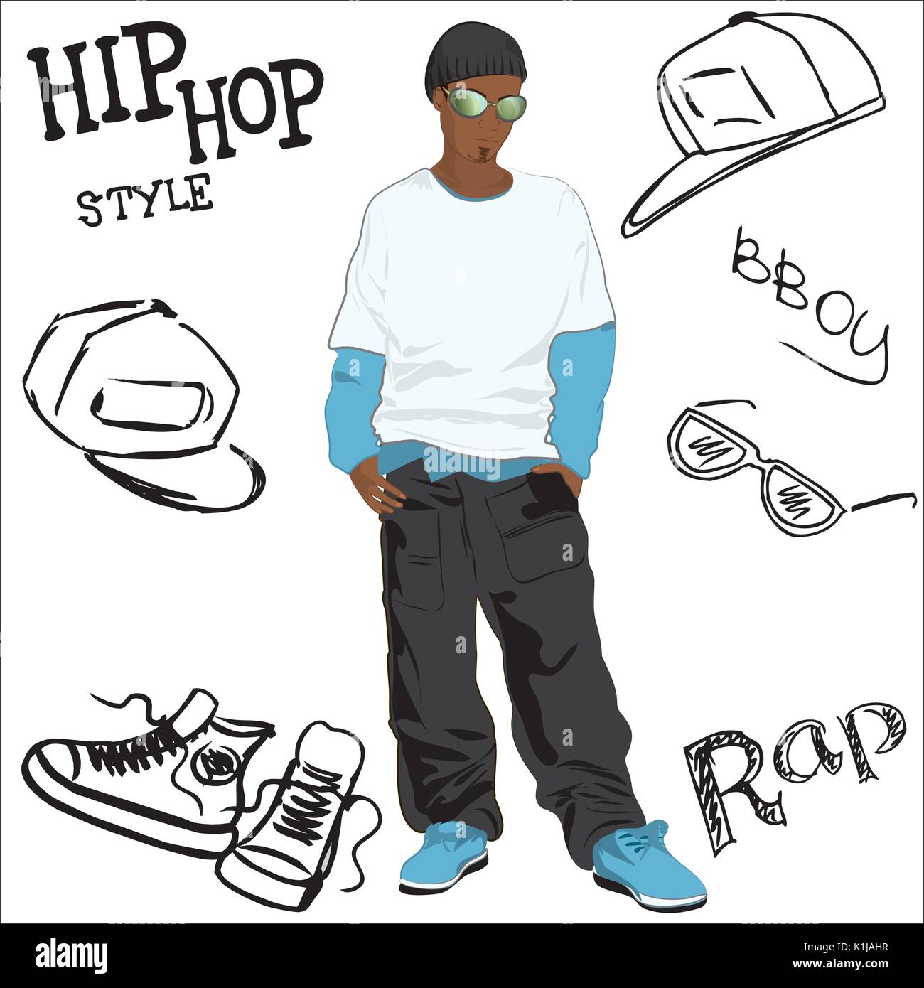 African-American man dressed as rapper trendy and hip hop accessories  hand-drawn, vector illustration Stock Vector Image & Art - Alamy