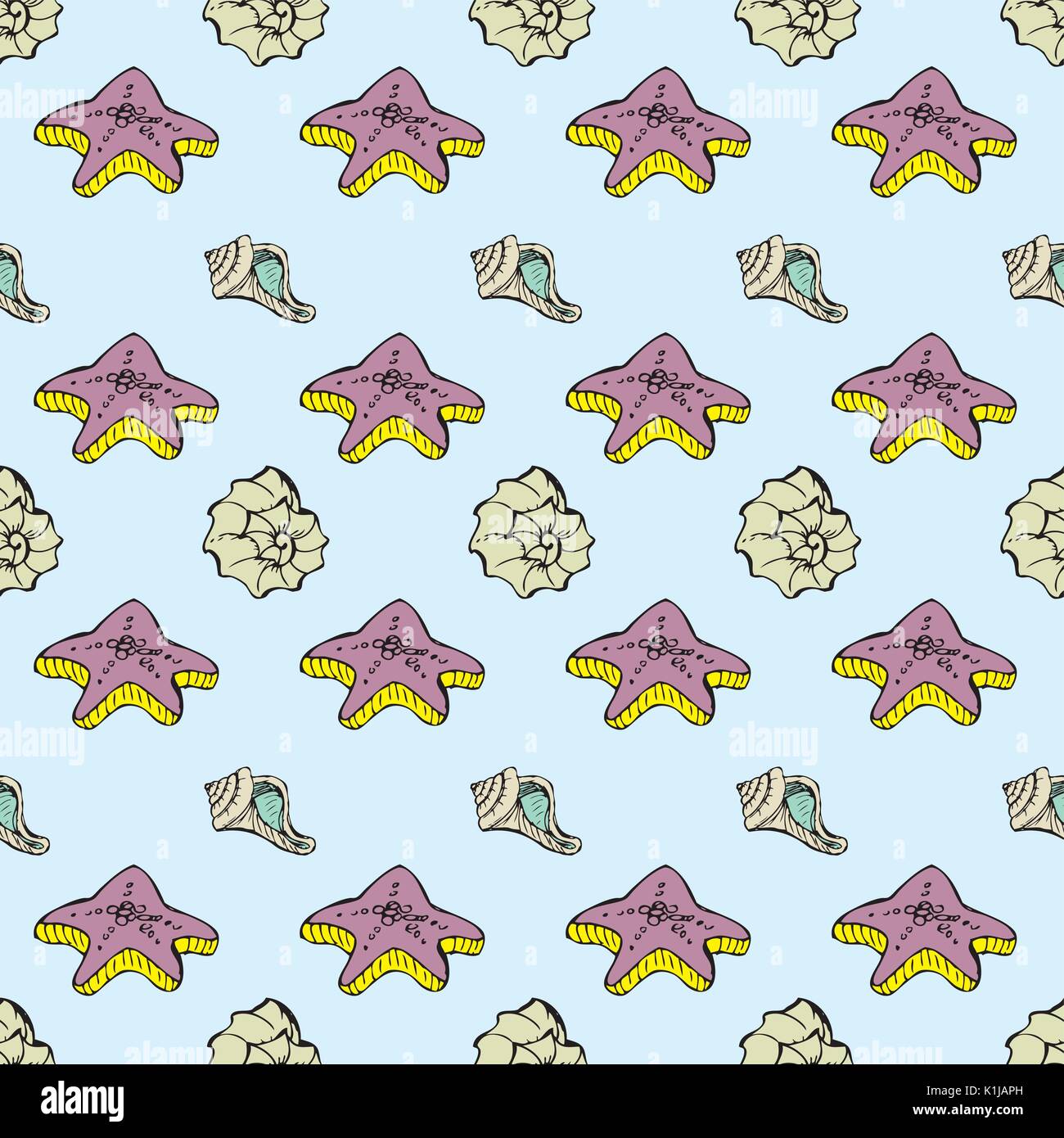 seamless seashells and starfishes pattern vector illustration Stock ...