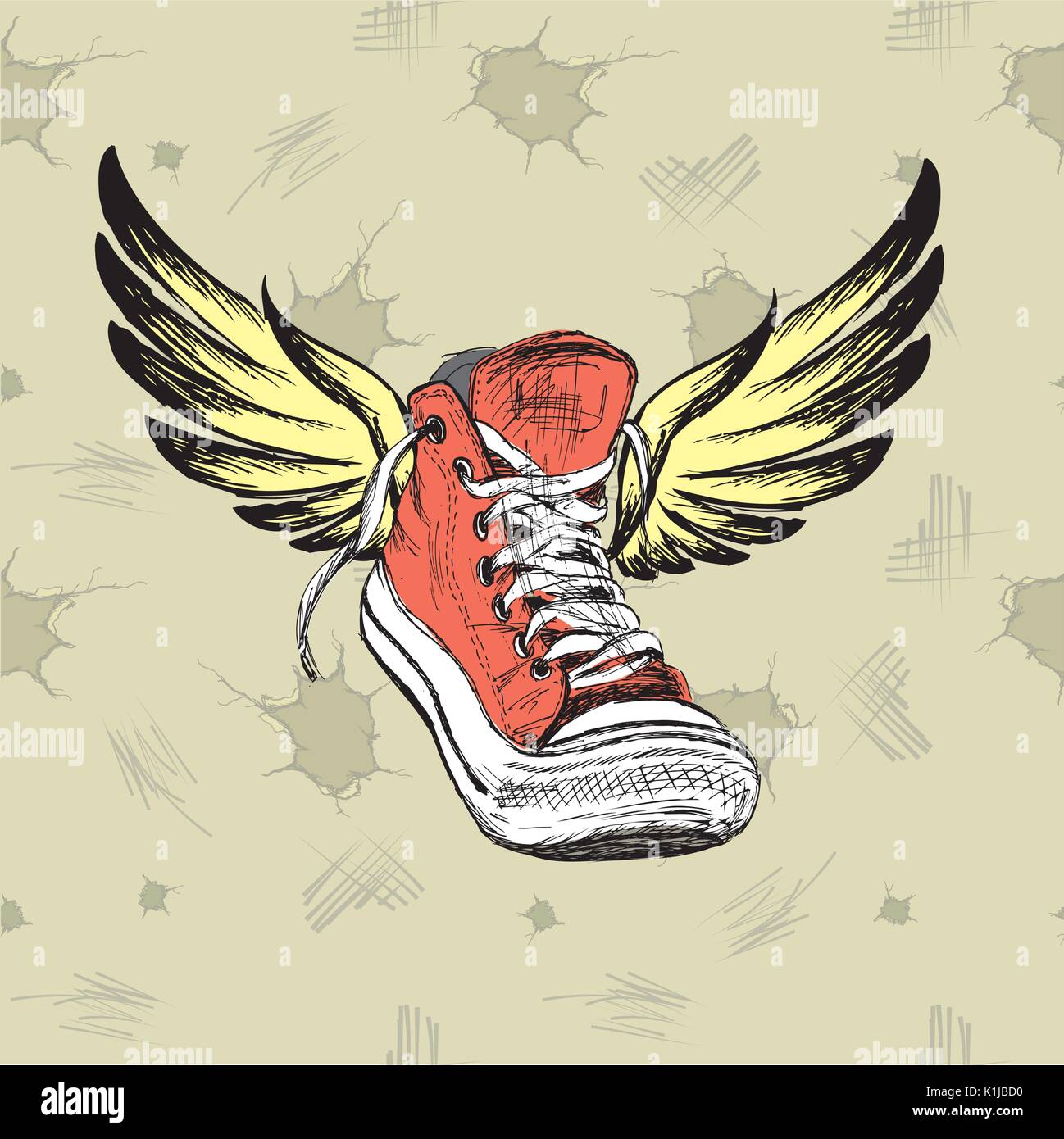Vintage Sneakers with wings, hand drawing, vector illustration Stock