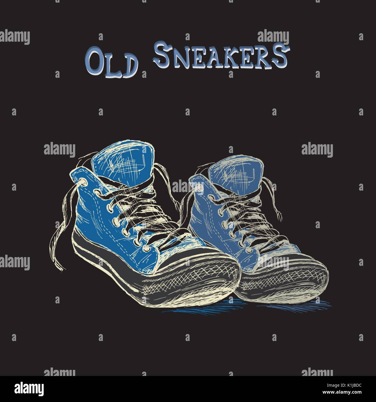 Vintage Sneakers Hand Drawn on black background, vector illustration ...