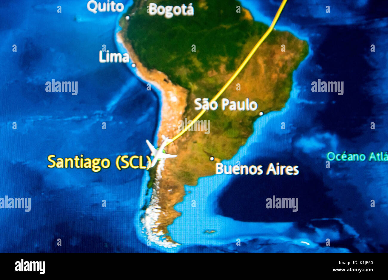 MADRID, SPAIN - JUNE 05, 2017: Detail of a digital map showing the trip from Madrid to Santiago de Chile in south america Stock Photo
