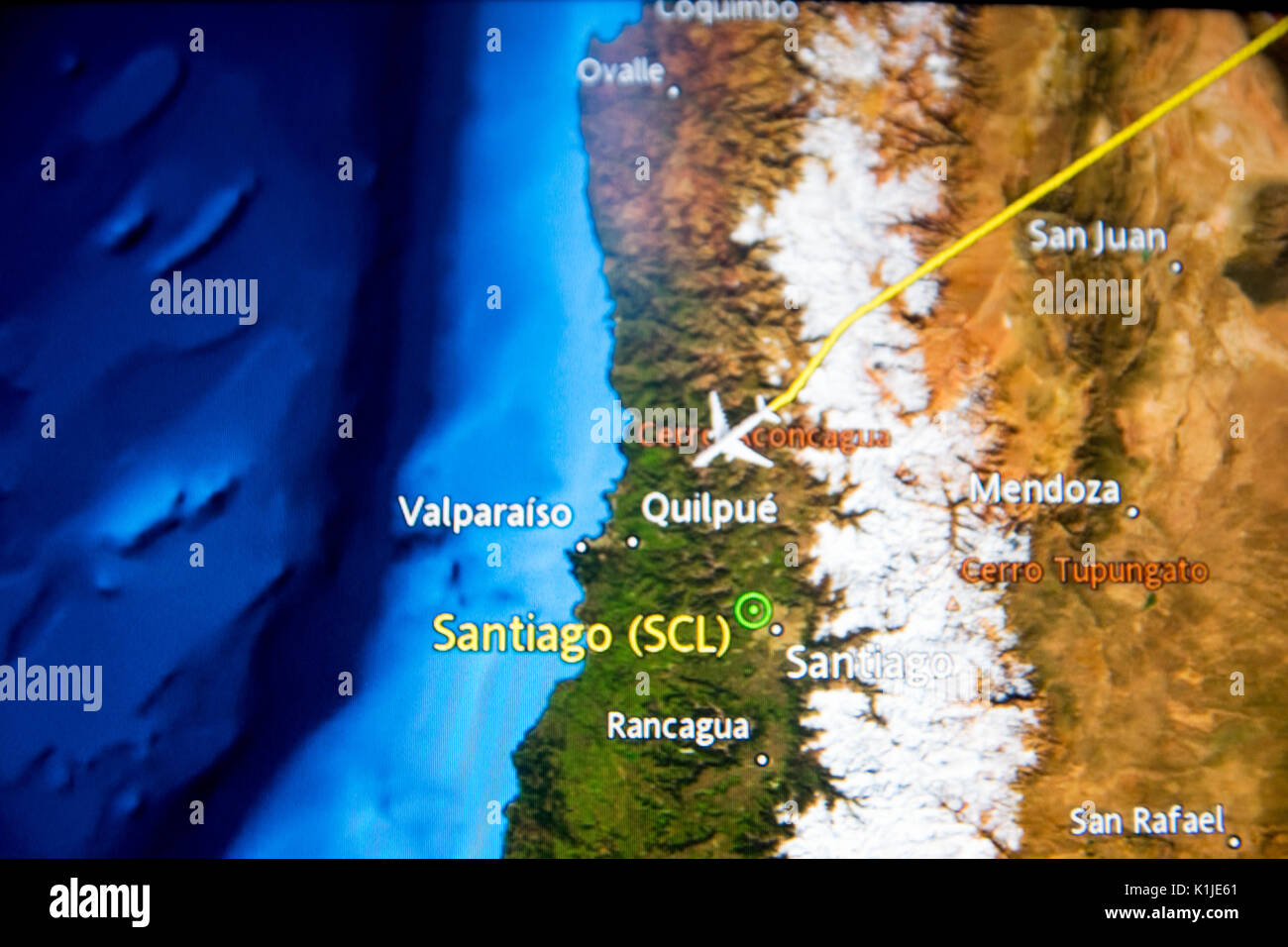 MADRID, SPAIN - JUNE 05, 2017: Detail of a digital map showing the trip from Madrid to Santiago de Chile in south america Stock Photo