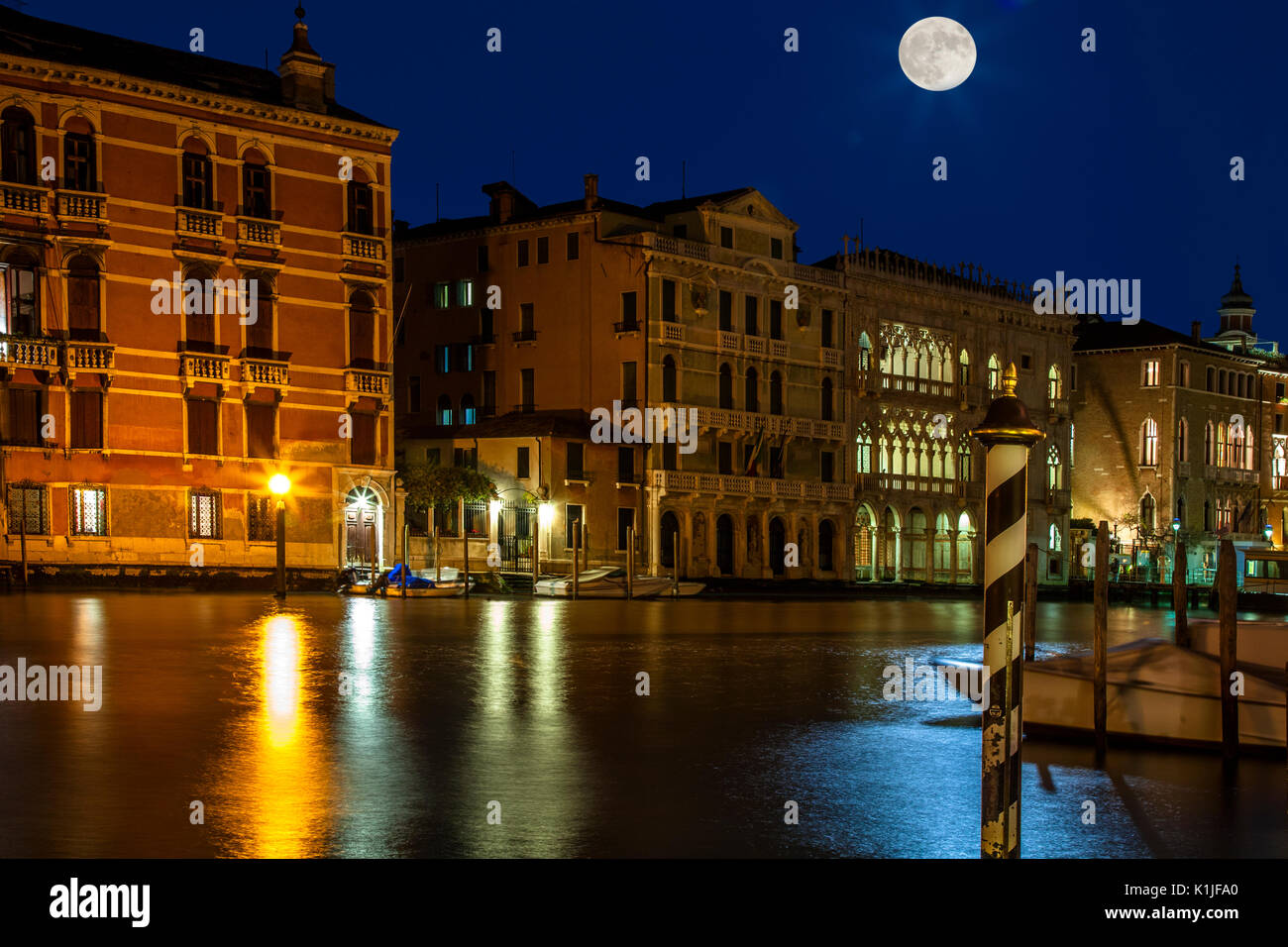 Full moon over the Grand Canal in Venice, Italy.  This was actually a Supermoon. Stock Photo