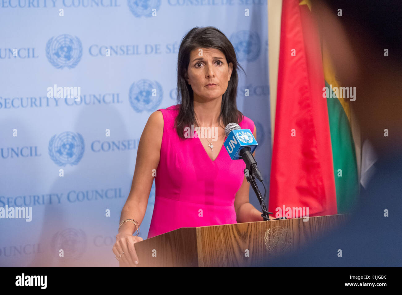 US Permanent Representative to the United Nations Ambassador Nikki Haley is seen during a press encounter at the Security Council stakeout at UN Headquarters. During the media event, Ambassador Haley addressed ongoing concerns over Iran's nuclear program and new sanctions imposed upon Venezuela by the United States. (Photo by Albin Lohr-Jones / Pacific Press) Stock Photo