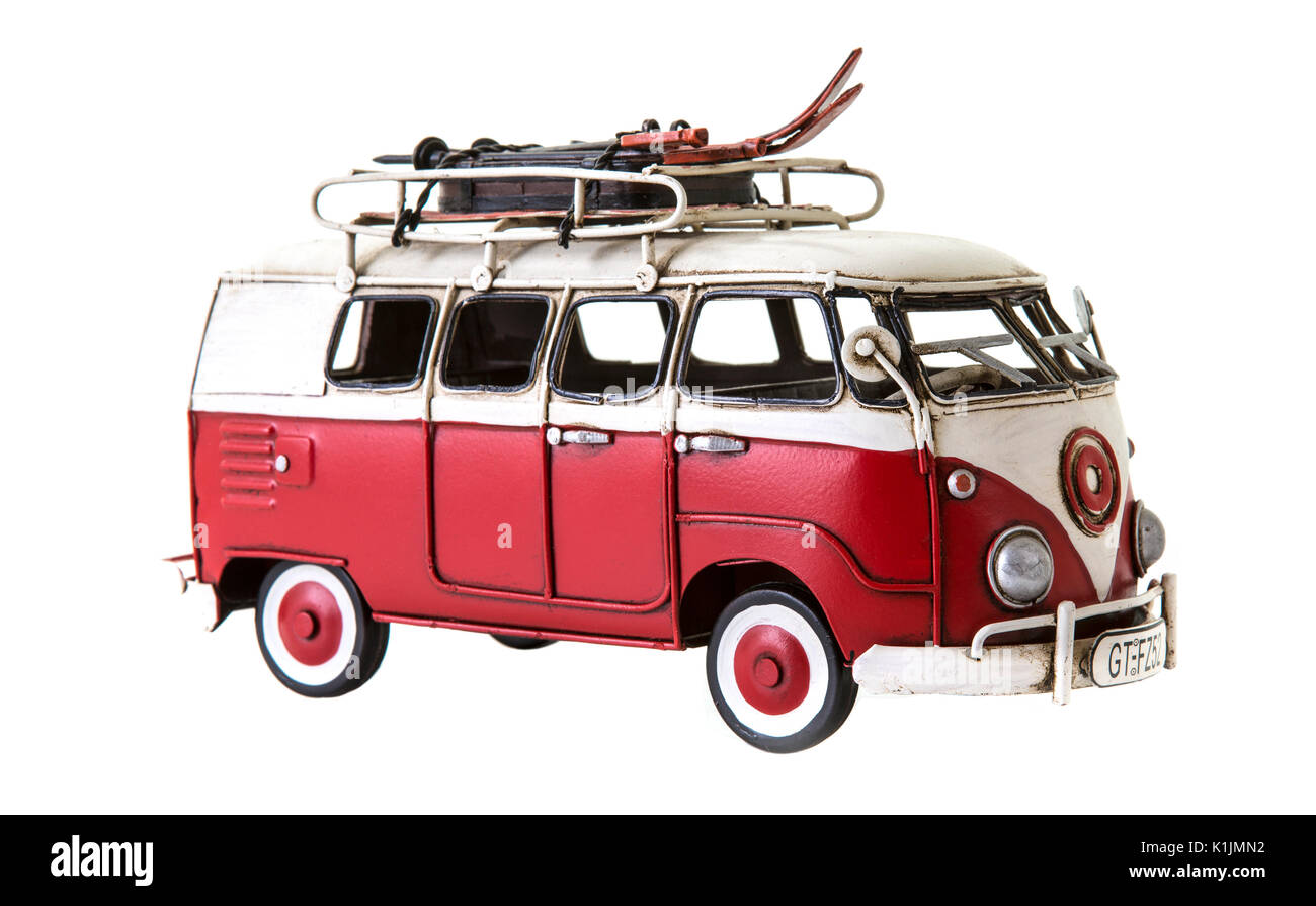 Old Red and White Van Toy on a white background Stock Photo