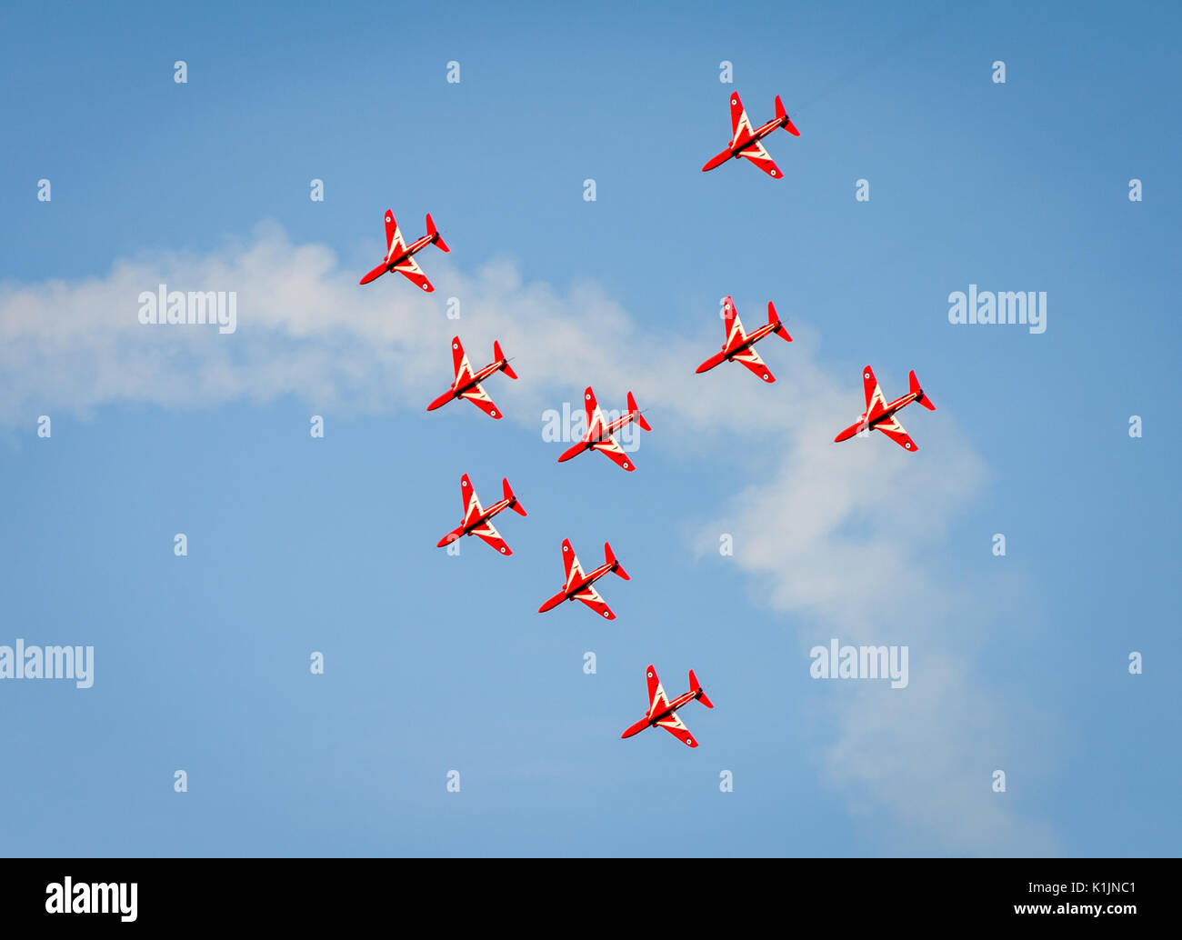 The Royal Air Force Red Arrows team perform in their BAE Hawk aircraft at their display in Sidmouth, England Stock Photo