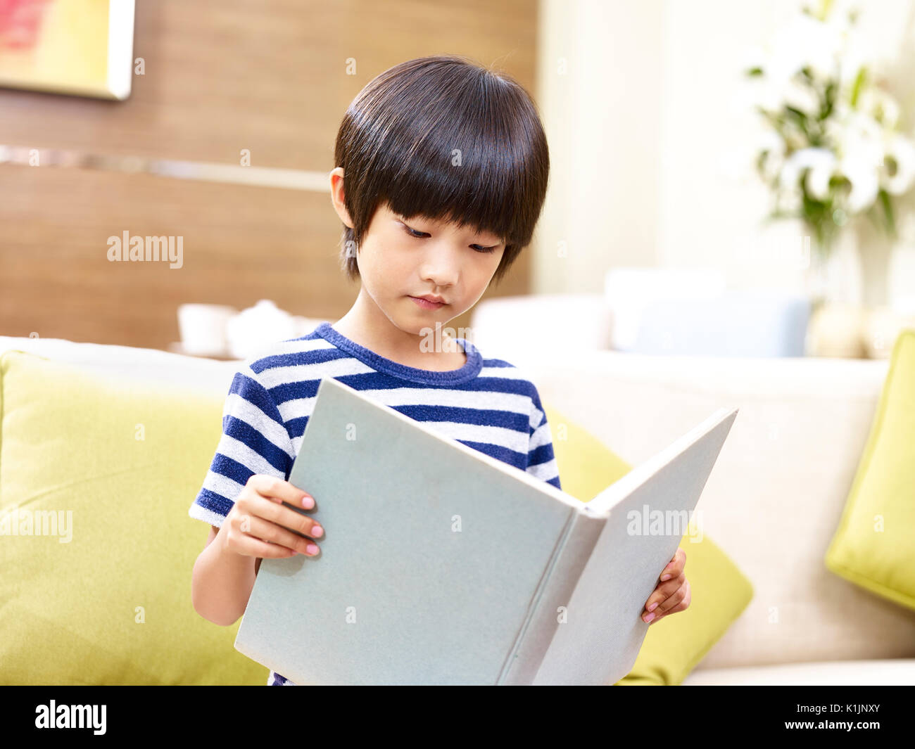 elementary age asian little boy sitting on couch reading a book at home. Stock Photo