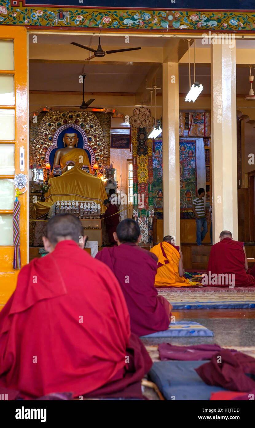 The sacred Buddha statue and gold jewelry Buddhist monastery  Residence of His Holiness the Dalai Lama XIV. Stock Photo