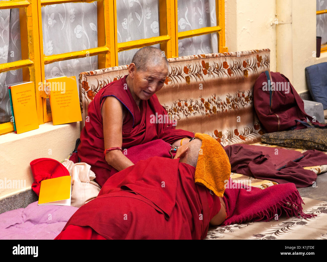 Two Buddhist monks talking about the Tsuglakhang monastery near the residence of His Holiness the Dalai Lama XIV. Stock Photo