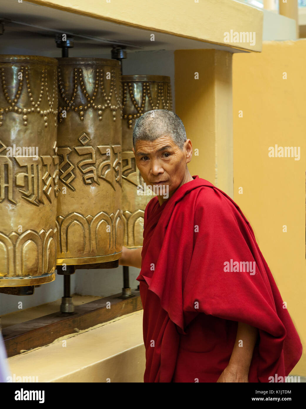 Closeup portrait of an old pilgrim Buddhist   about the Tsuglakhang monastery near the residence of His Holiness the Dalai Lama XIV. Stock Photo