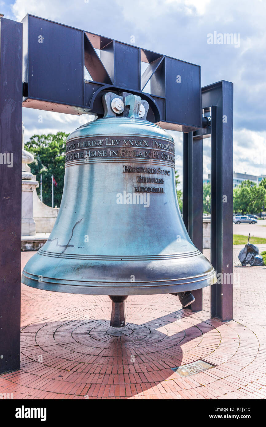 Washington DC, USA - July 1, 2017: Union Station on columbus circle with closeup of memorial bell Stock Photo