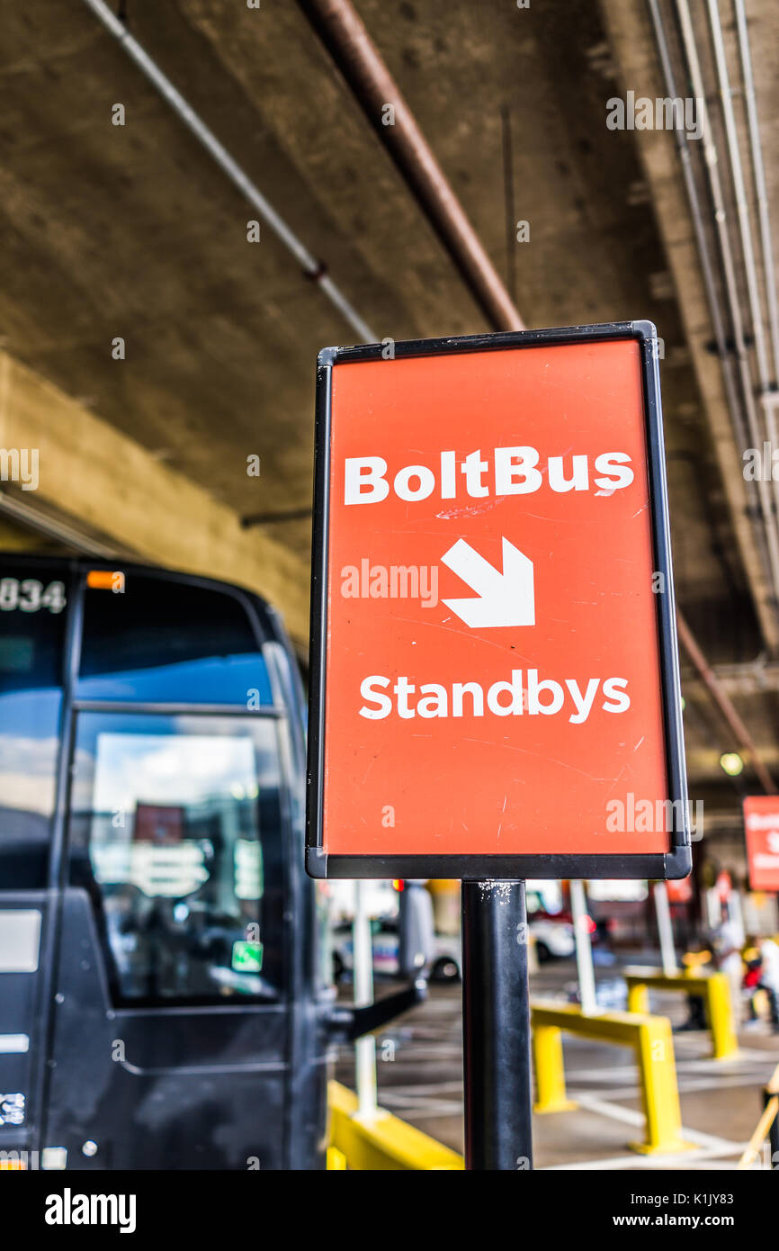 Washington DC, USA - July 1, 2017: Inside Union Station parking garage for buses in capital city with Boltbus sign Stock Photo