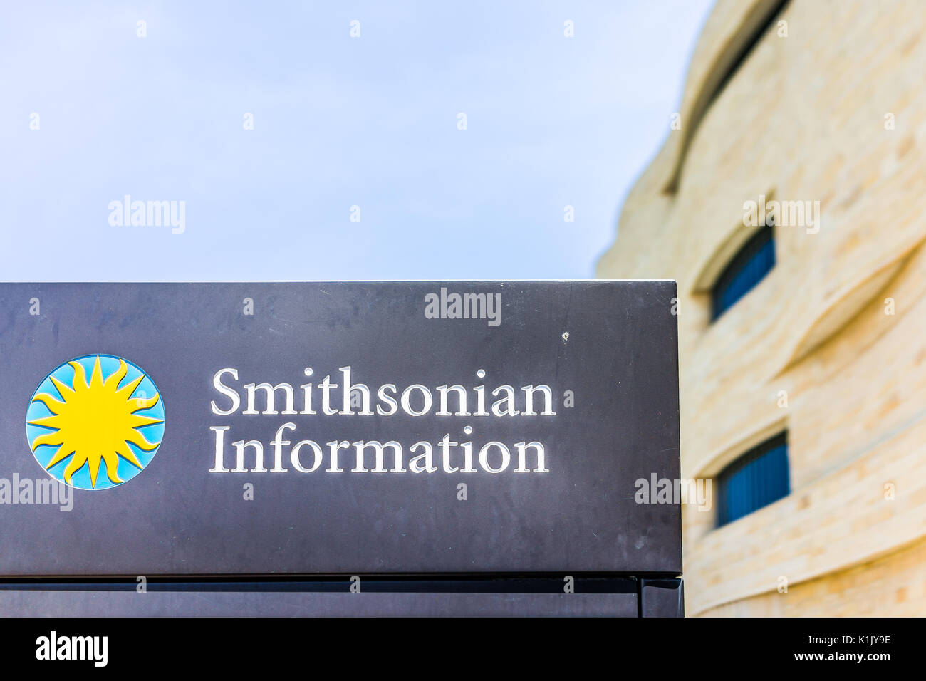 Washington DC, USA - July 3, 2017: Closeup of Smithsonian Information sign in downtown Stock Photo