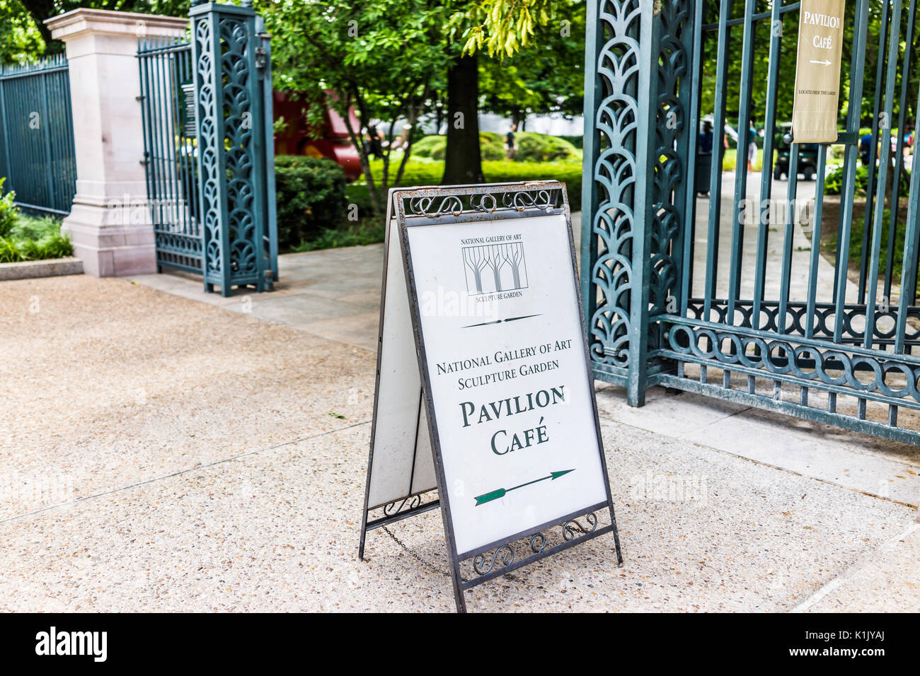 Washington DC, USA - July 3, 2017: Closeup of sign for Pavilion Cafe and National Gallery of Art Sculpture Garden in summer on National Mall Stock Photo