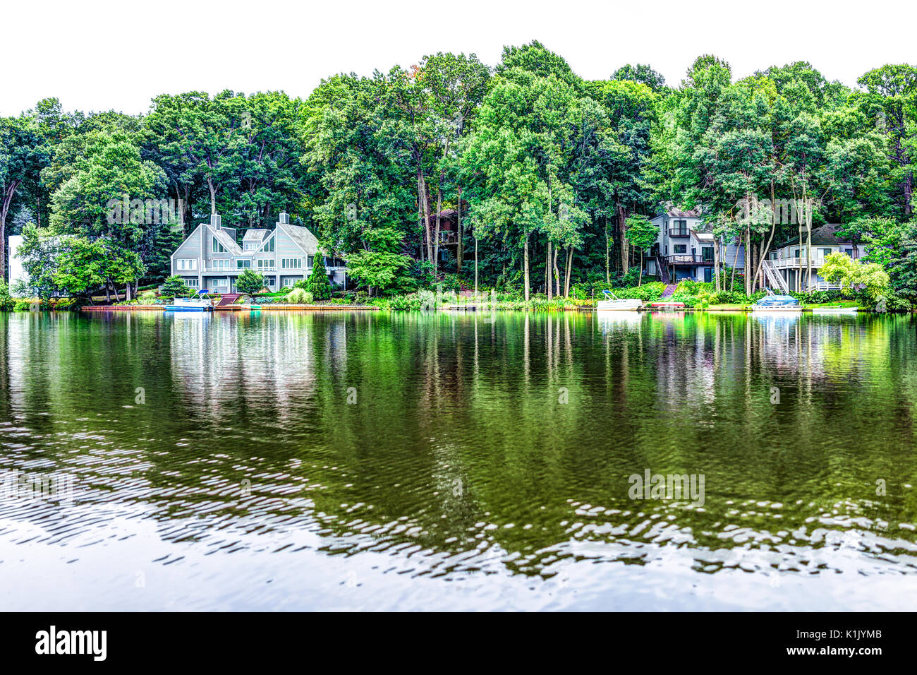 Lake Audubon with lakefront waterfront houses in Reston, Virginia with