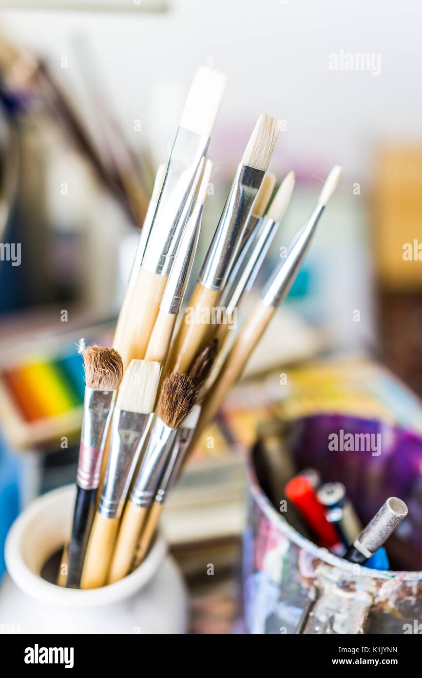 Artist Paint Brushes in White Bucket of Water, Acrylic Colour in Plastic  Cups Stock Photo - Image of brushes, concept: 155799260