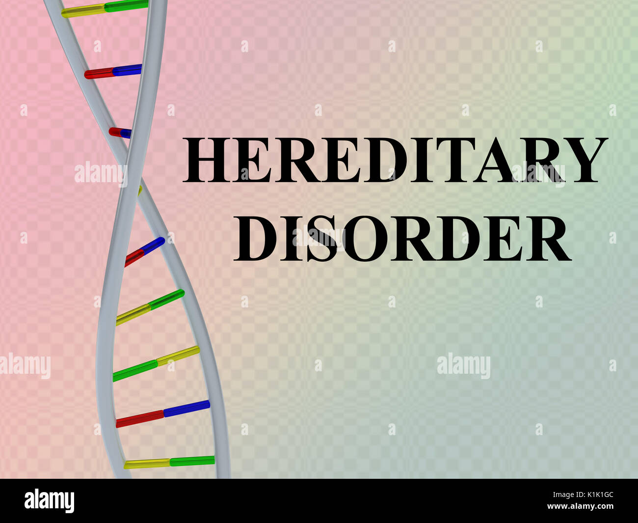 3D illustration of 'HEREDITARY DISORDER' script with DNA double helix , isolated on red gradient. Stock Photo