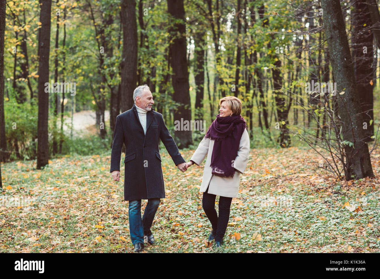 Beautiful mature couple holding hands and walking in autumn park Stock Photo