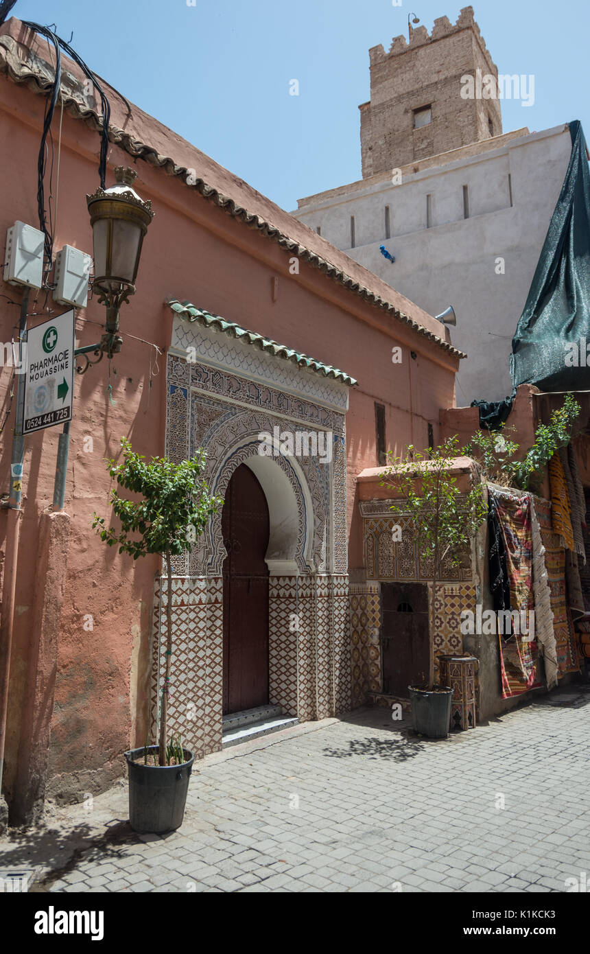 Marrakesh, Morocco - May 3, 2017:  Colorful old streets of Marrakech medina, morocco Stock Photo