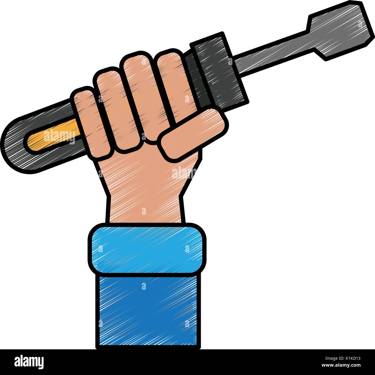 Colorful hand with screwdriver doodle over white background vector