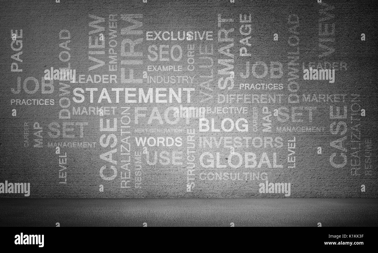 Modern business keywords and terms collage on dark grey wall on background. 3D rendering. Stock Photo