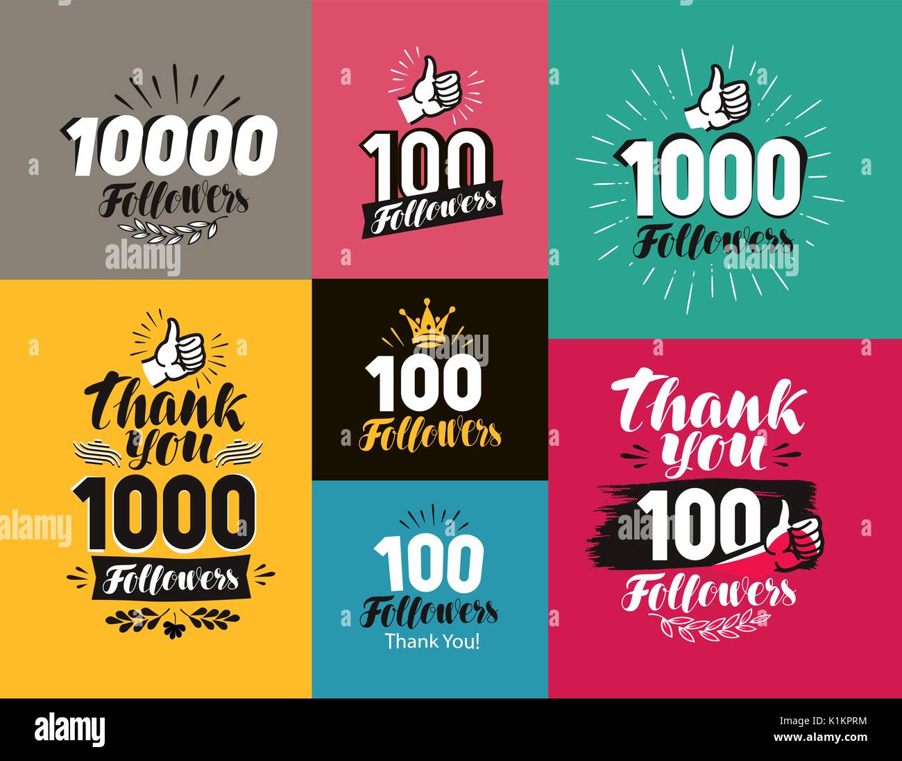 Thank you, followers banner. Network, subscribe label or icon. Handwritten lettering vector Stock Vector