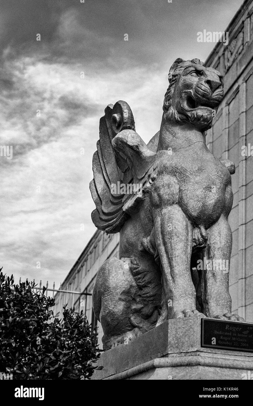 A winged lion statue with the Grove Arcade in the background in Asheville, North Carolina USA Stock Photo