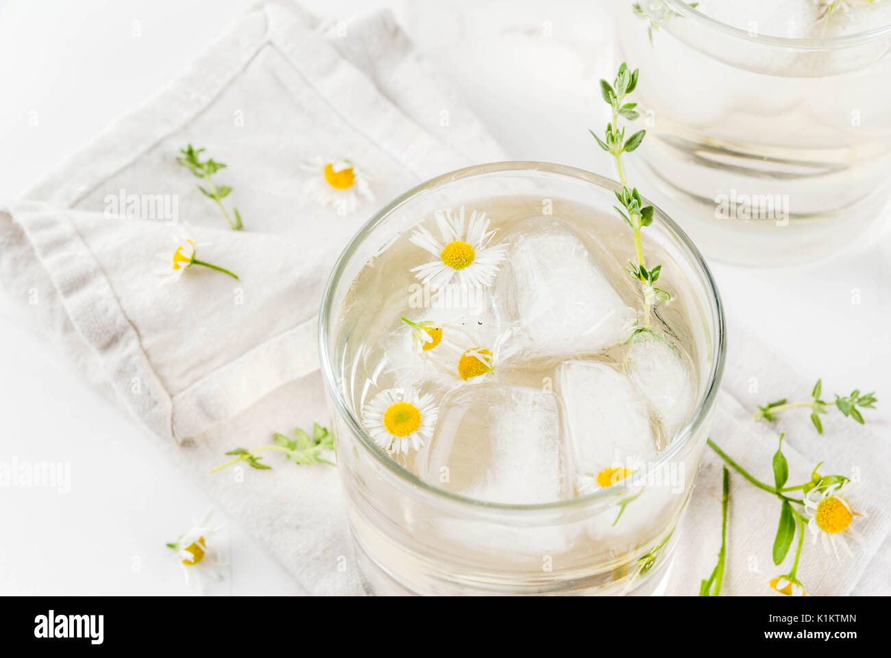 Summer refreshing drinks, infused herbal water, iced tea. Chamomile