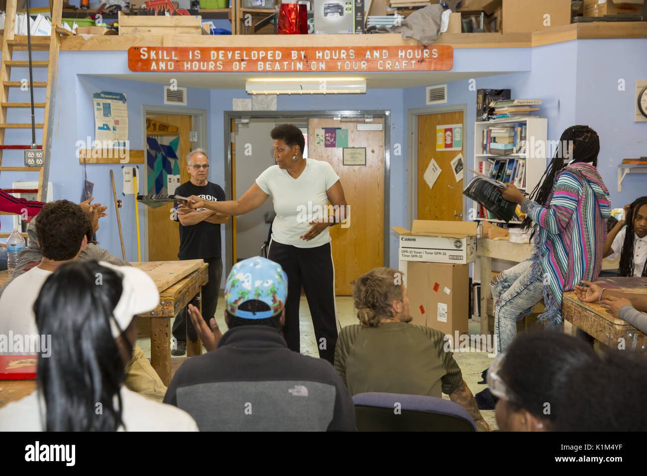 Students from the Detroit Community School participate in a motivational summer paid work program where they learn life, work and business skills in an entrepreneurial incubator type environment. Stock Photo