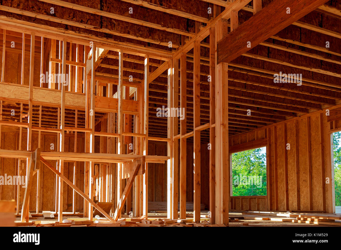 New construction of a home in a subdivision wood framework of new residential home Stock Photo