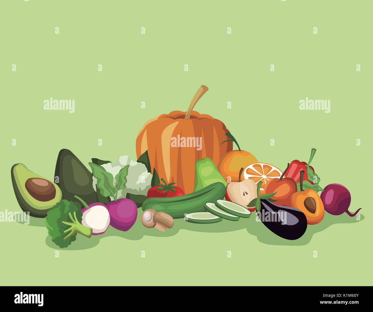 color background with vegetables and fruits healthy food set Stock ...