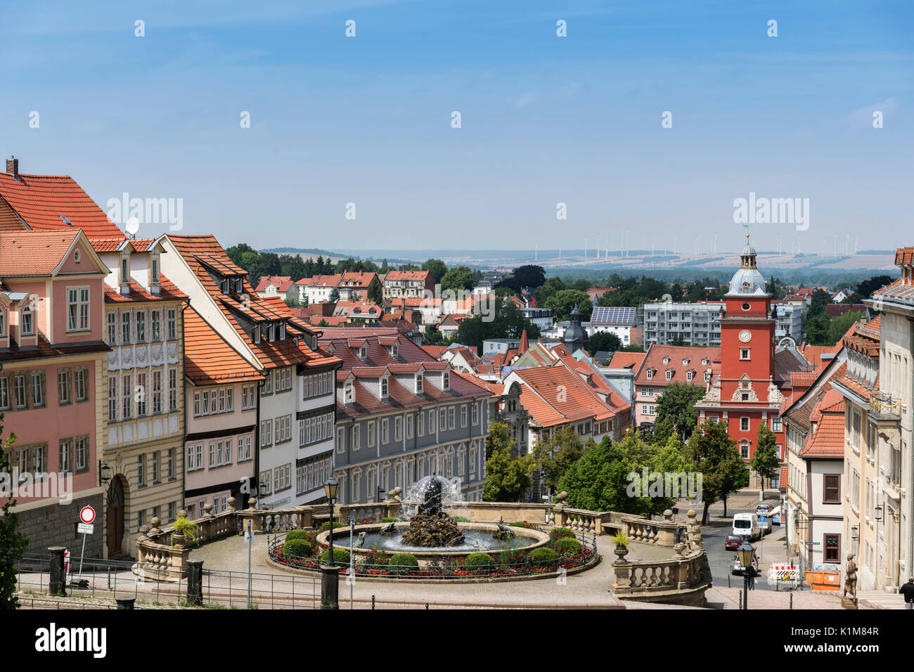 View from Friedenstein Castle of trick fountain, main market and town hall, Gotha, Thuringia, Germany Stock Photo