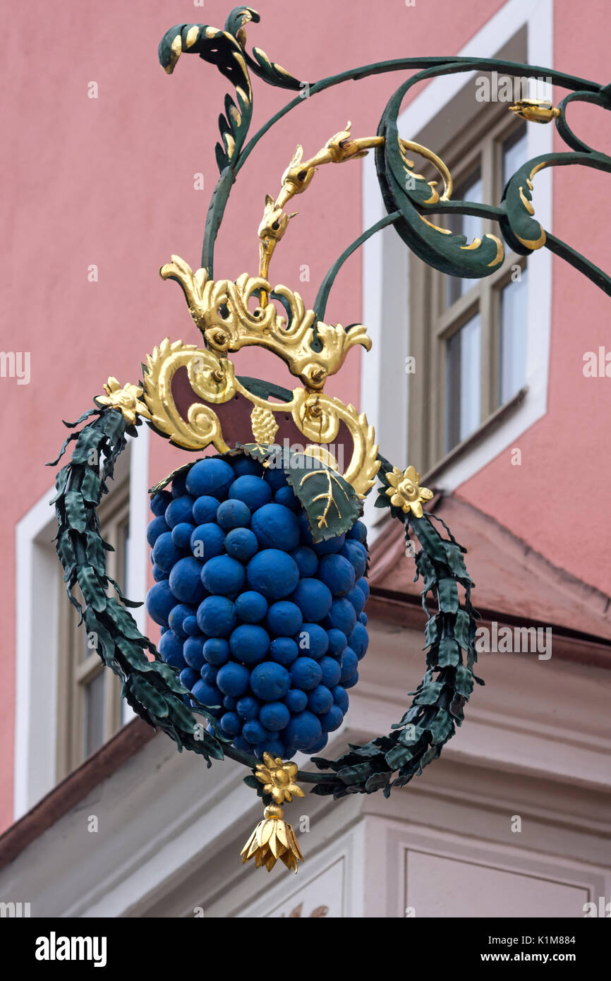 Hanging shop sign, guesthouse 'Zur blauen Traube' (blue grape), Berching, Upper Palatinate, Bavaria, Germany Stock Photo