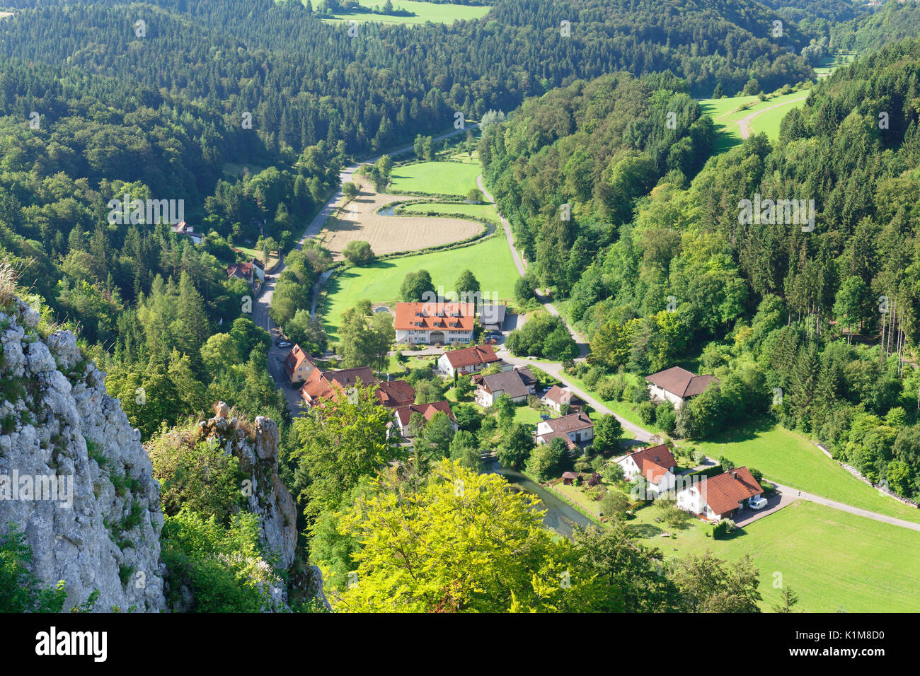 View from the ruins of Hohengundelfingen to the Lautertal valley and to Gundolphingen, Swabian Alb, Baden-Württemberg, Germany Stock Photo
