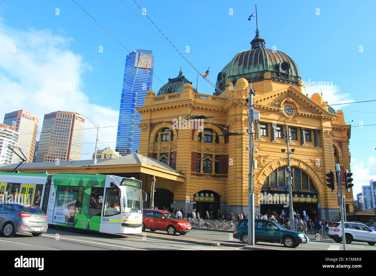 Melbourne Tram passing Flinders Street Station Stock Photo