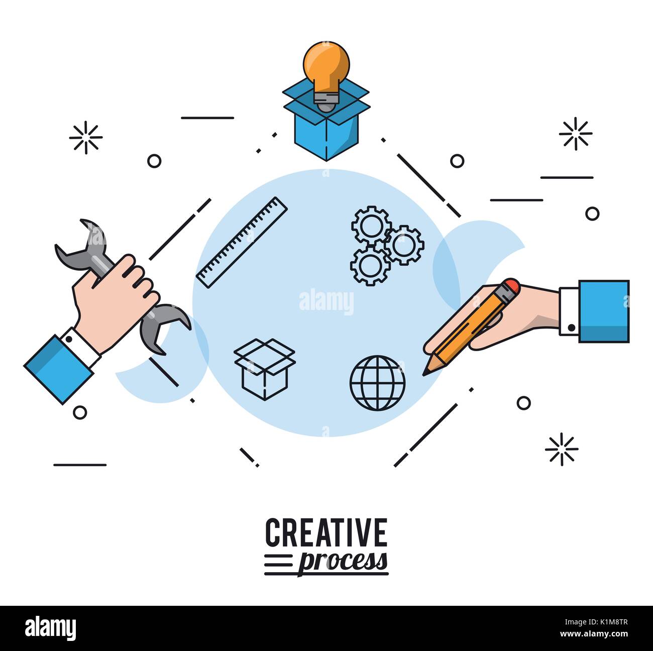 colorful poster creative process with silhouettes of hands with wrench and pencial and light bulb on cardboard box Stock Vector