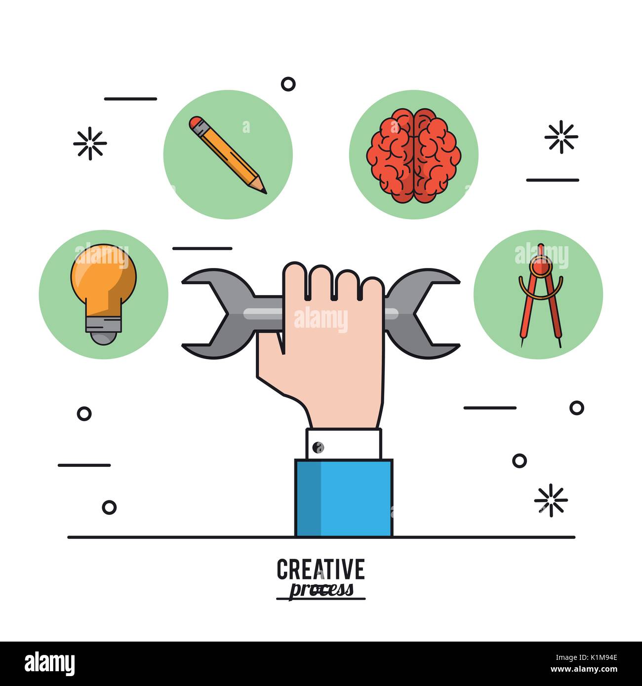 colorful poster creative process of hand with wrench and icons on top ...