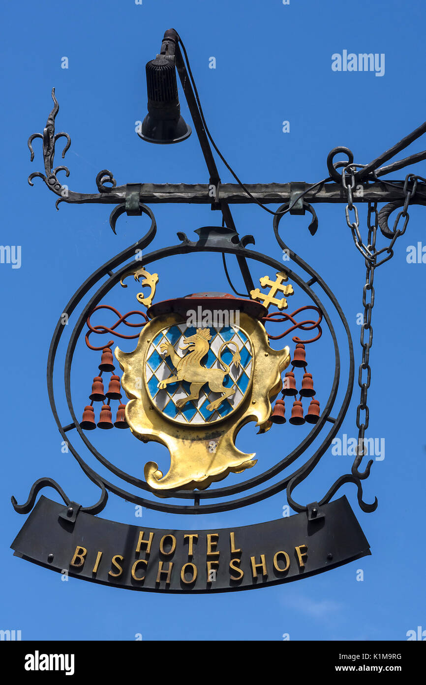 Hangig shop sign of Hotel Bischofshof, Regensburg, Upper Palatinate, Bavaria, Germany Stock Photo