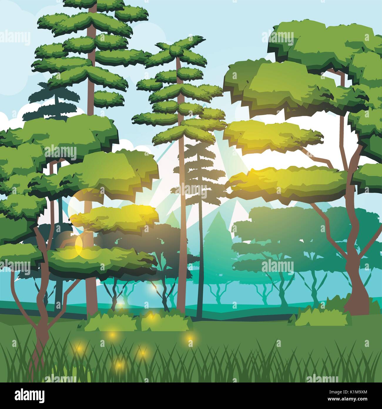 colorful background of forest landscape in the morning Stock Vector ...