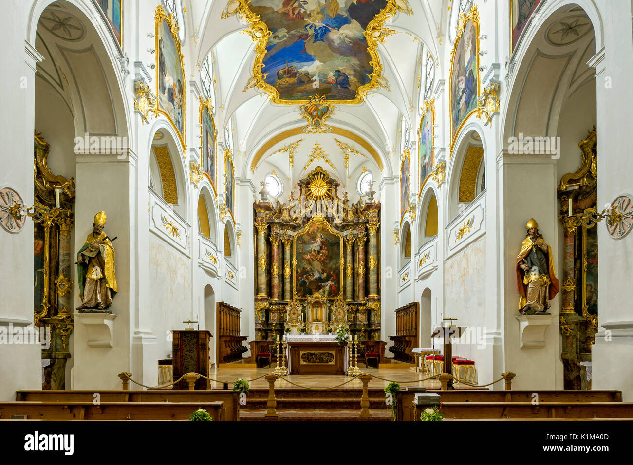 Nave with pulpit and choir, Basilica of the Holy Cross, Cloister Scheyern, Benedictine abbey, district Pfaffenhofen an der Ilm Stock Photo