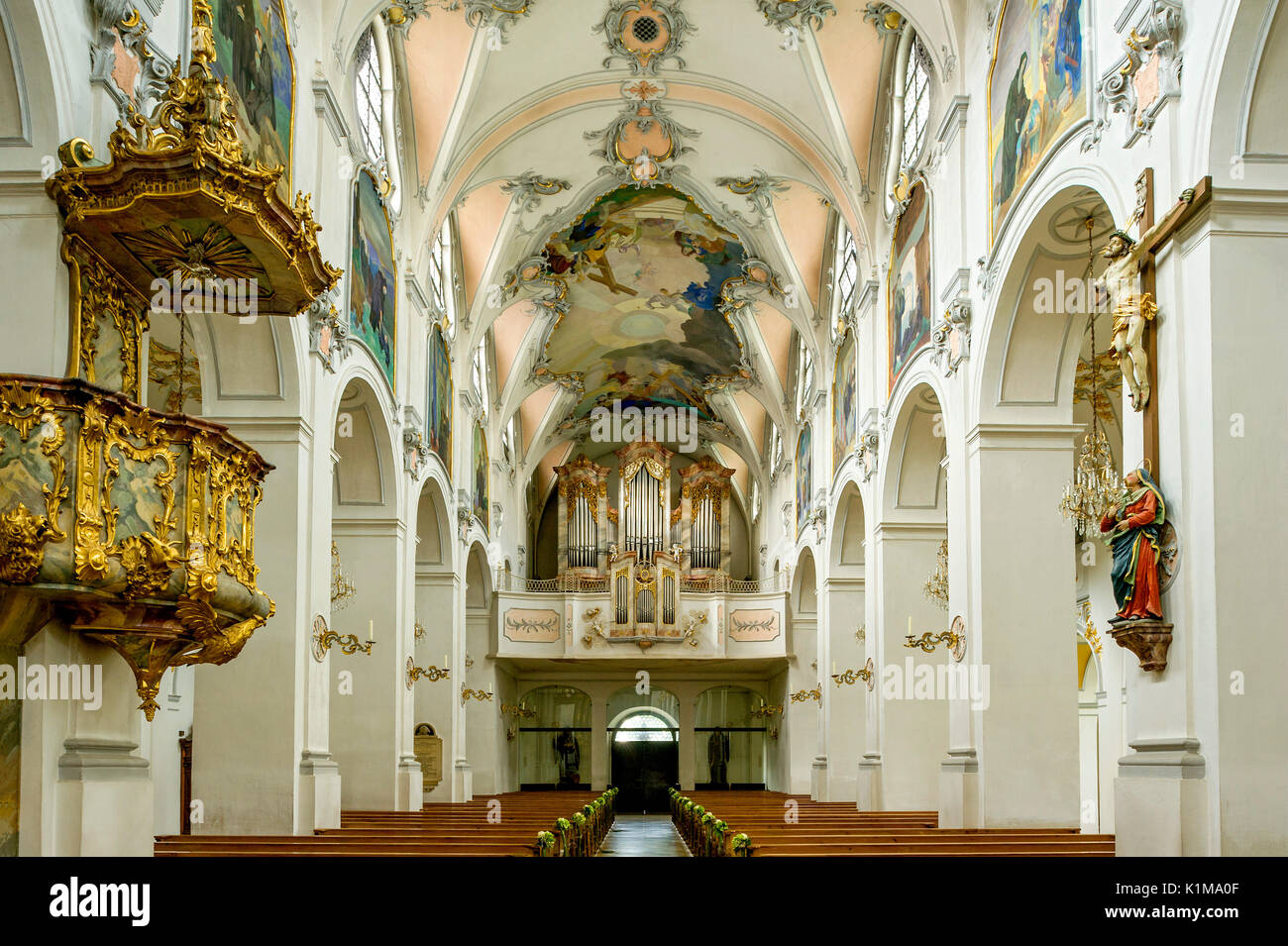 Nave with pulpit and organ, Basilica of the Holy Cross, Cloister Scheyern, Benedictine abbey, district Pfaffenhofen an der Ilm Stock Photo