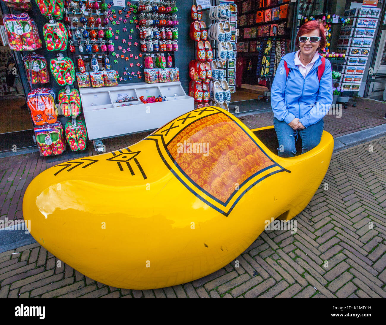 Netherlands, South Holland, Delft, oversized traditional all-wooden Dutch clog, refered to as klompen in dutch at Delft souvenir shop Stock Photo