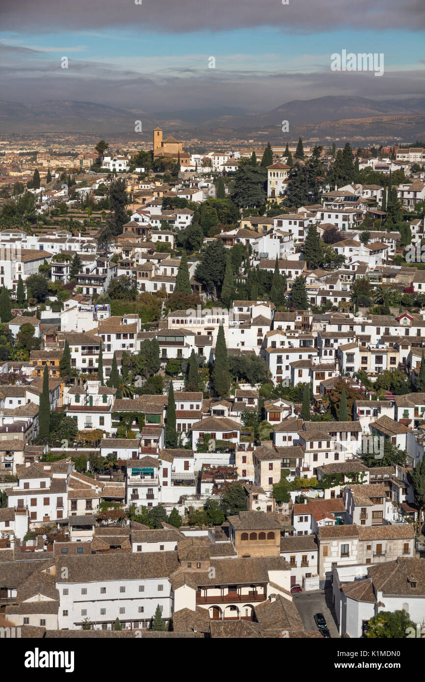 View of  the Albaicin neighbourhood of Granada from the Alhambra with the soft light of dawn on a cold morning in  November. Stock Photo
