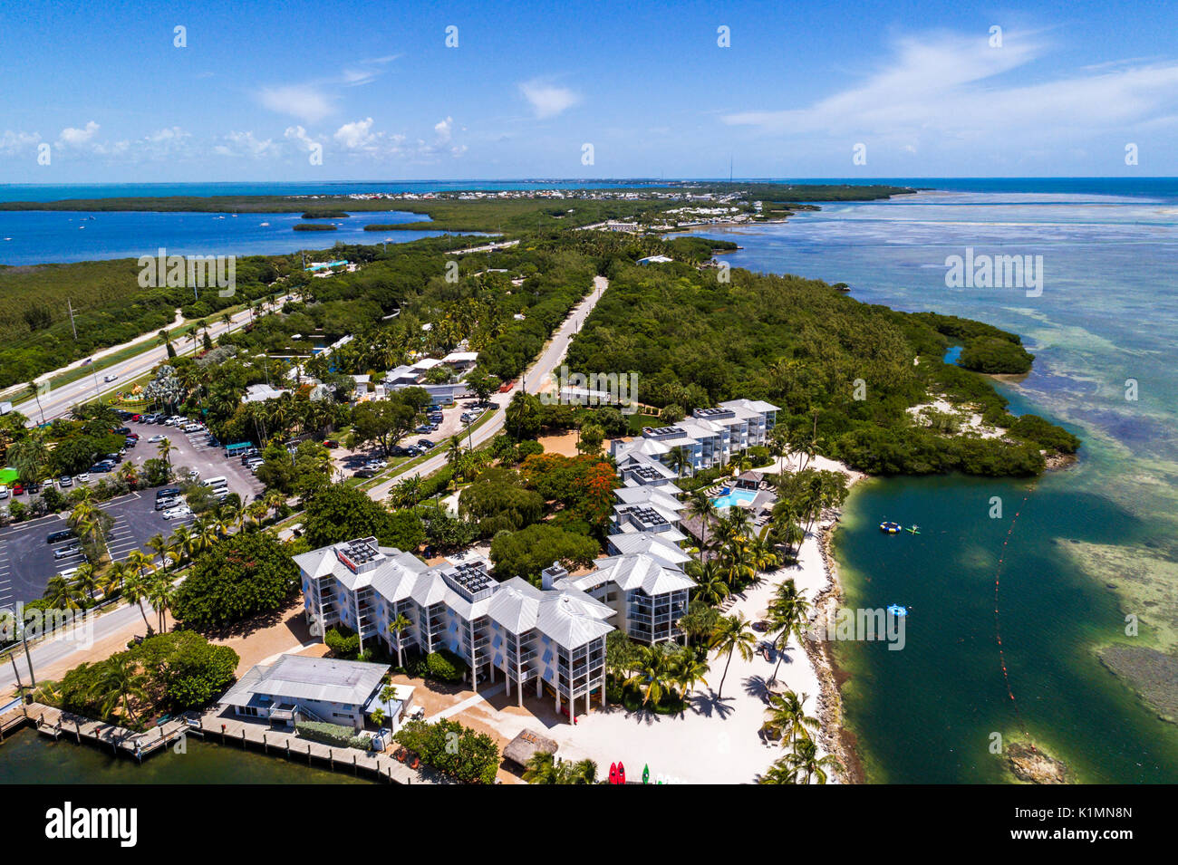 Florida,Florida Keys,Upper,Islamorada,Whale Harbor,Atlantic Ocean,Pelican Cove Resort,waterfront,Windley Key,highway Route 1 Overseas Highway,aerial o Stock Photo